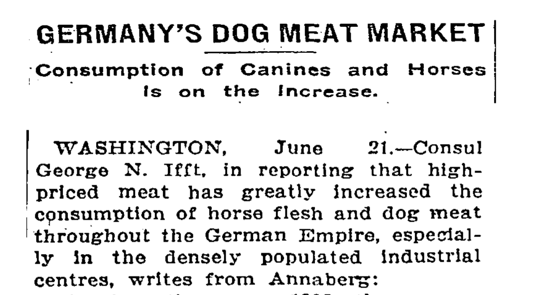 Cropped picture of an article with a headline of "Germany's Dog Meat Market"