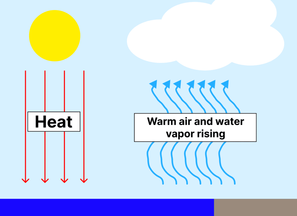 The image illustrates heat from the sun warming the Earth's surface, causing warm air and water vapor to rise into the atmosphere. Red arrows represent heat from the sun, while blue arrows show the upward movement of warm air and vapor, leading to cloud formation.