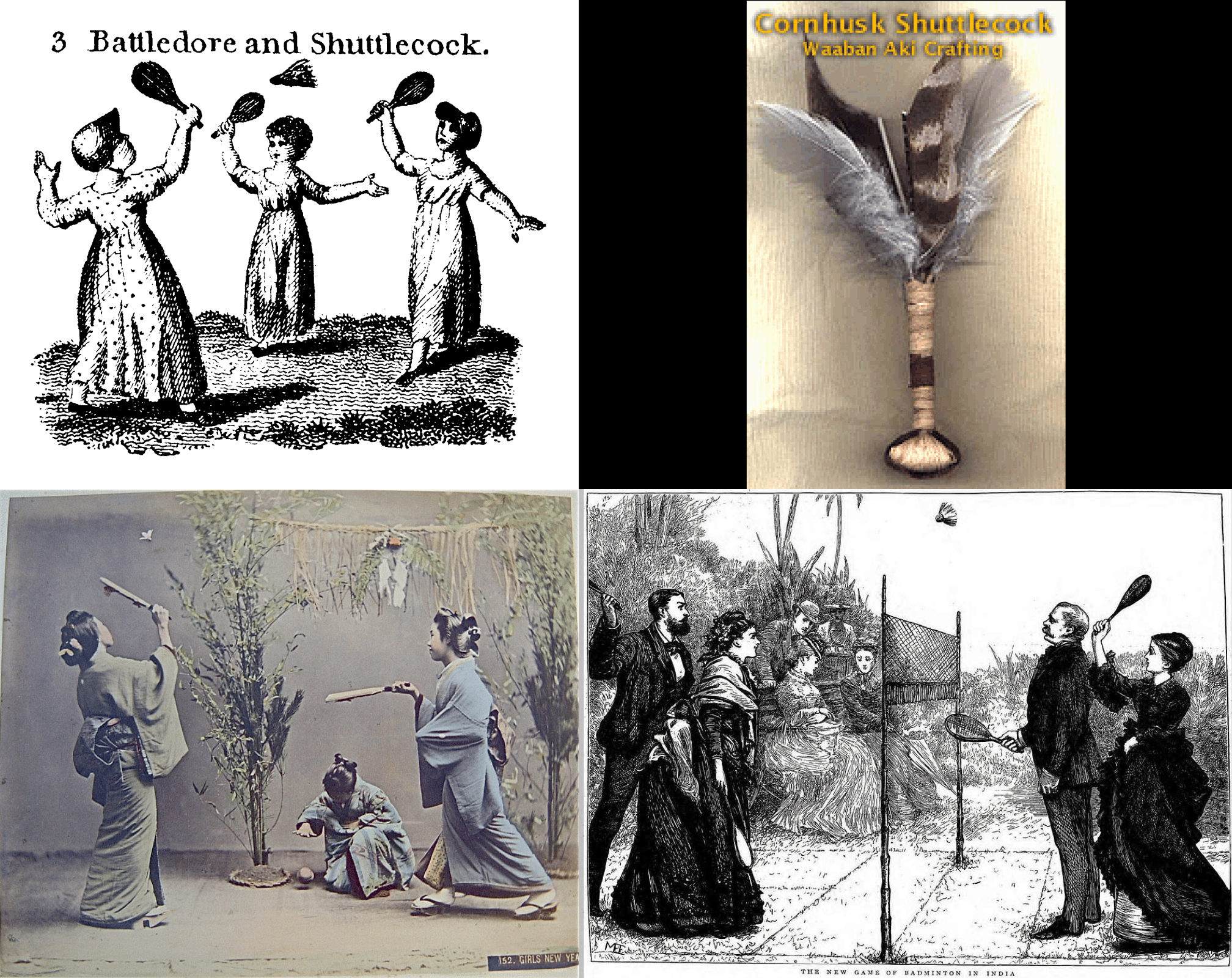 A 4x4 grid showing various forms of early badminton 