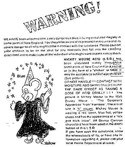 An early example of a faxlore warning about tattoo stickers allegedly laced with drugs, an urban legend collected by Jan Brunvand in his book The Choking Doberman