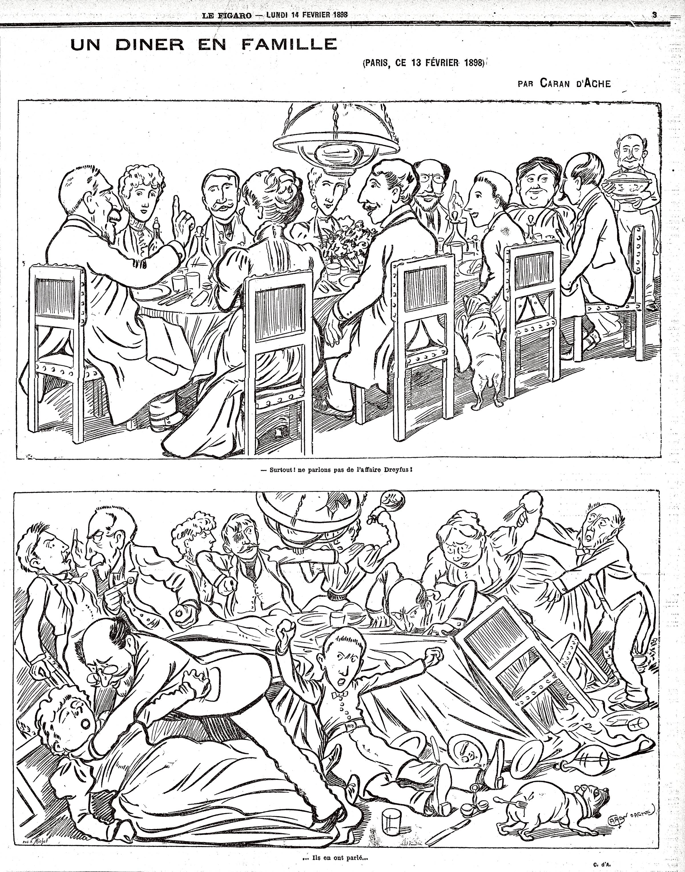 Comic from February 14, 1898 that depicts the divisions in French society during the Dreyfus Affair. At the top, somebody says "Above all, let us not discuss the Dreyfus Affair!". At the bottom, the caption says "They have discussed it".