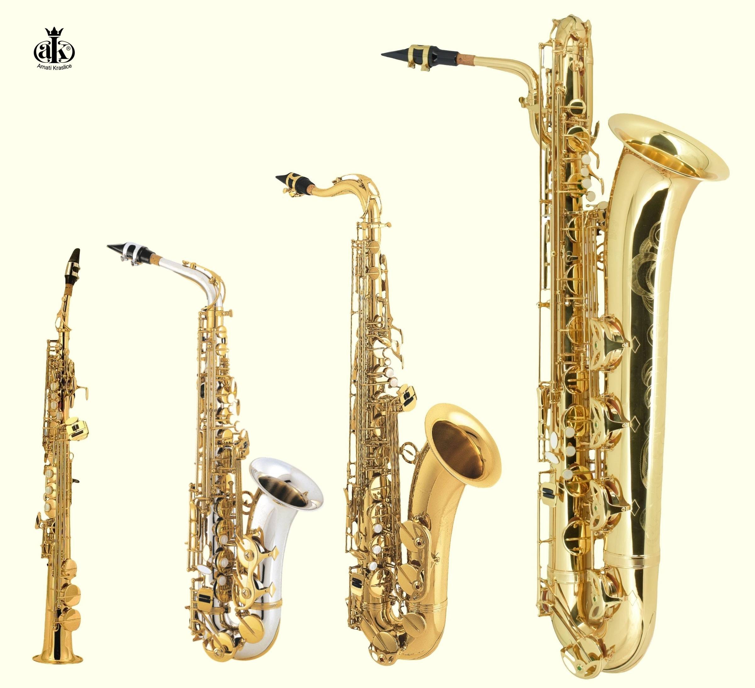 Four sizes of saxophones: soprano, alto, tenor, and baritone