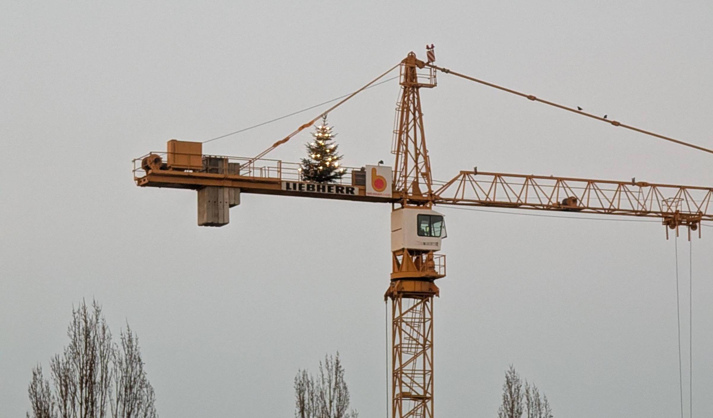 Tower construction crane with a lit-up Christmas tree on top. 