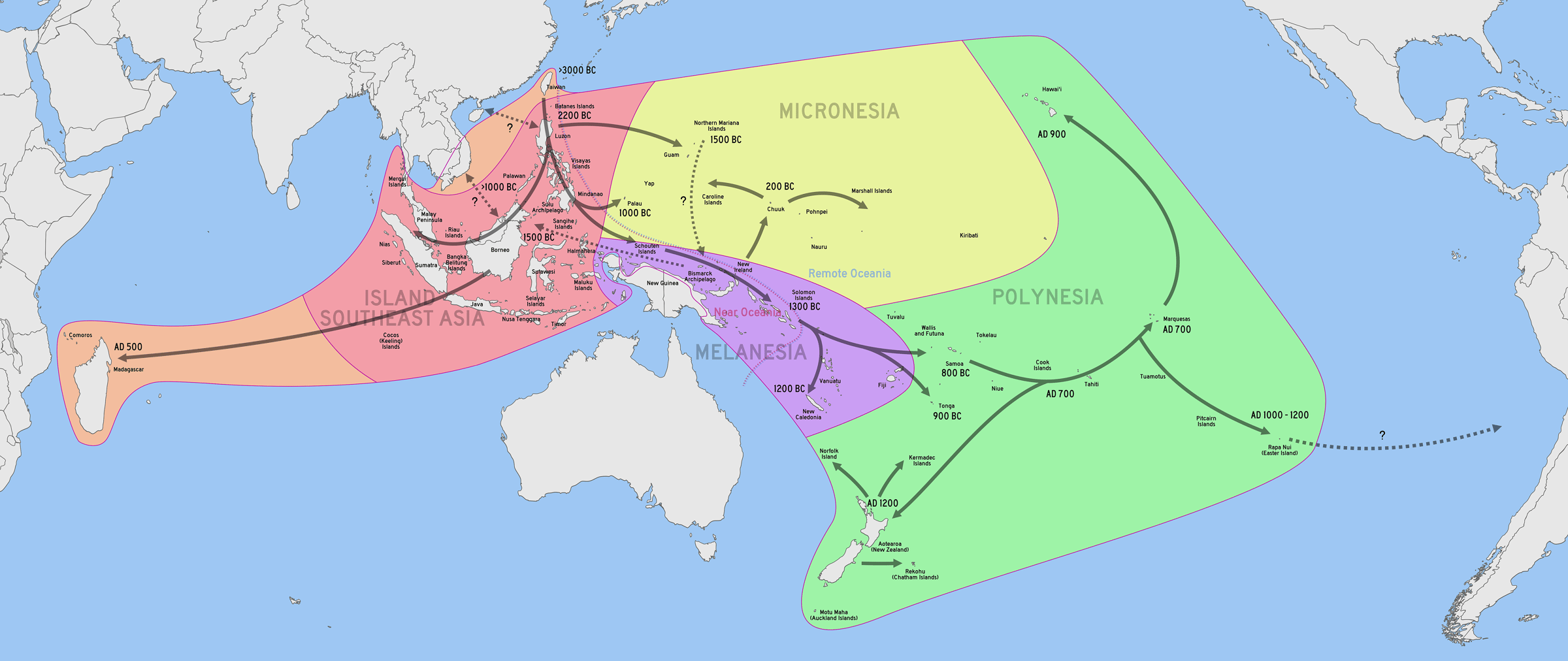 Map showing the areas of Polynesia, Micronesia, Melanesia, Island Southeast Asia, along with routes and timelines.