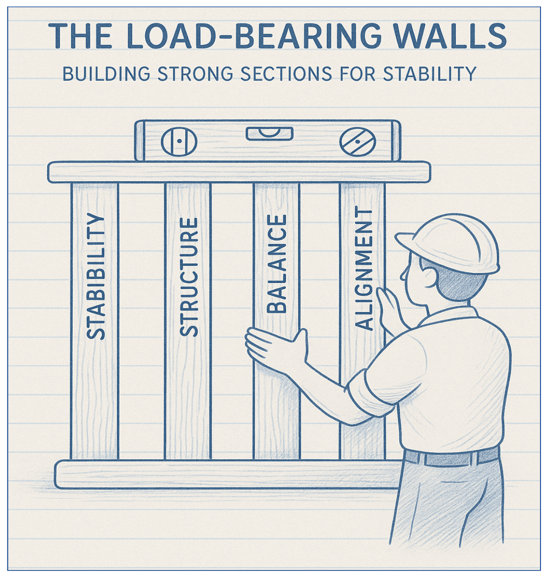 male construction worker level and studs labled with load-bearing topics