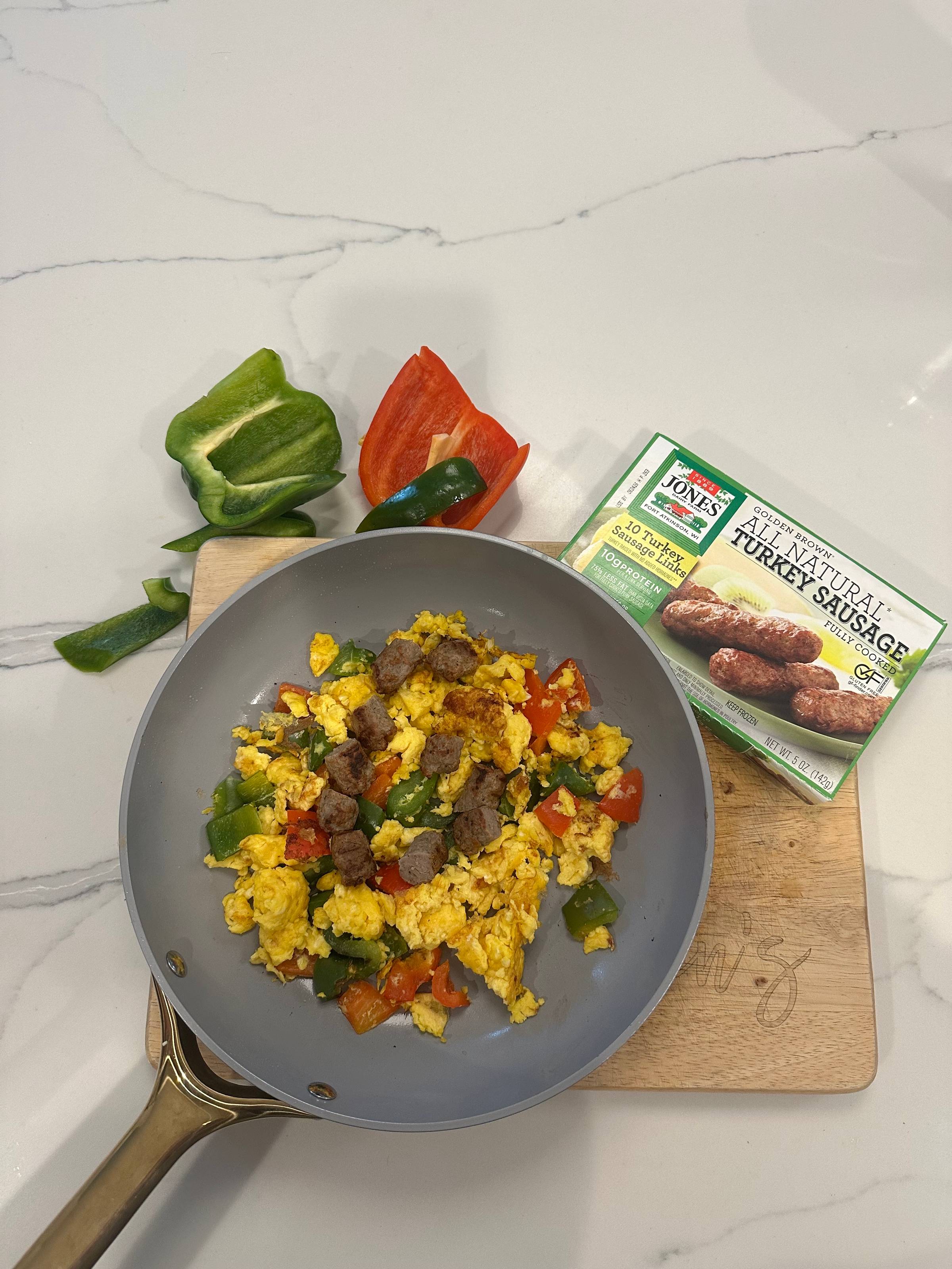 Jones Dairy Farm turkey sausage links in a breakfast scramble