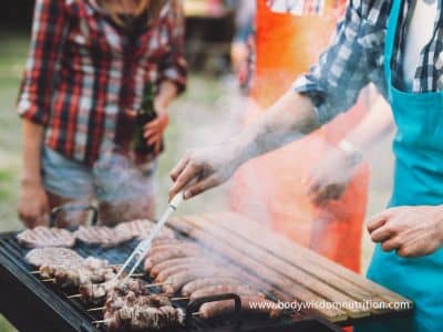 Burgers, sausages and kebabs on the grill