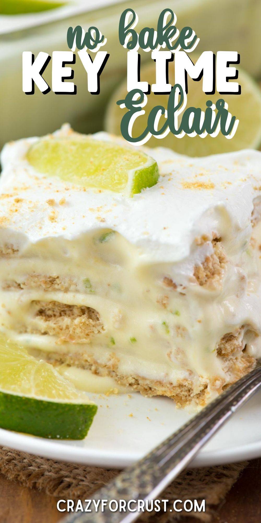 key lime icebox cake on white plate with words on photo
