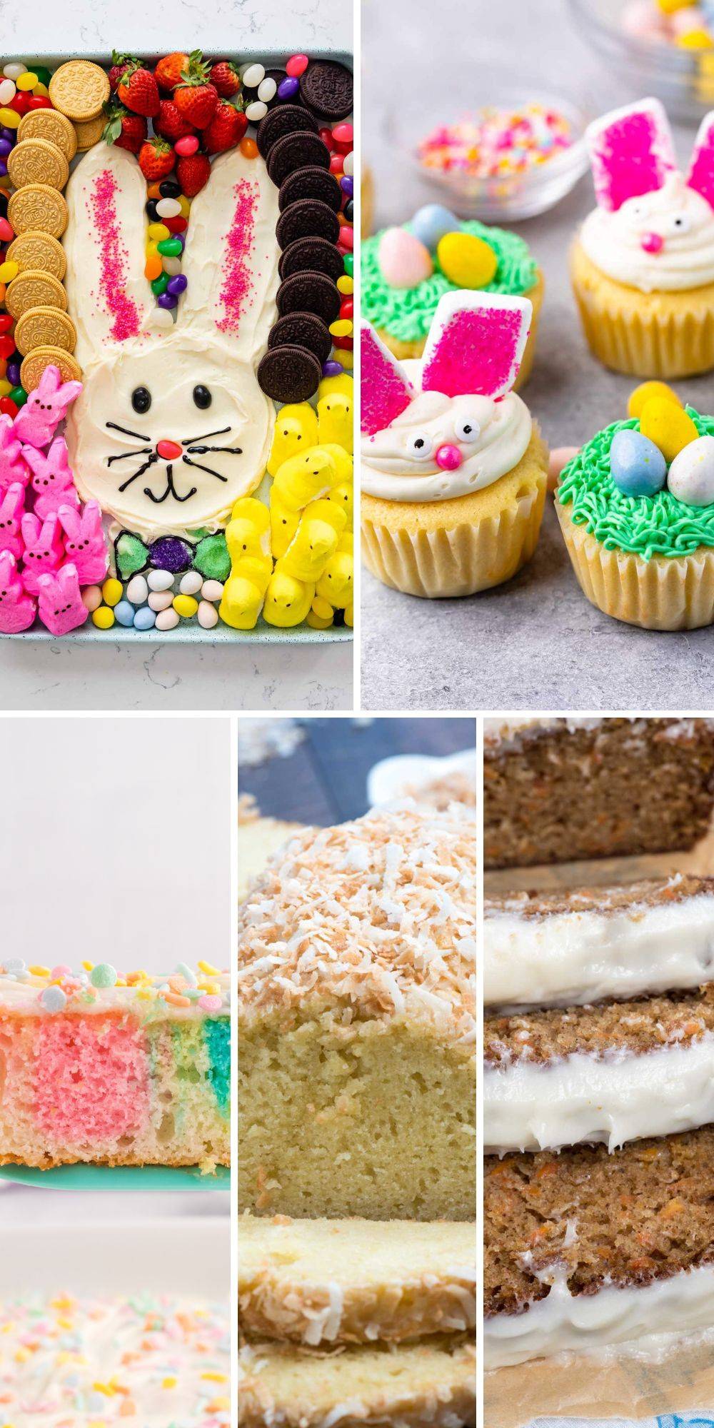 five images showing various easter themed dessert like bunny cupcakes and bunny buttercream boards.