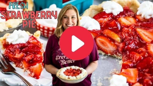 woman holding pie with large pie photo behind her