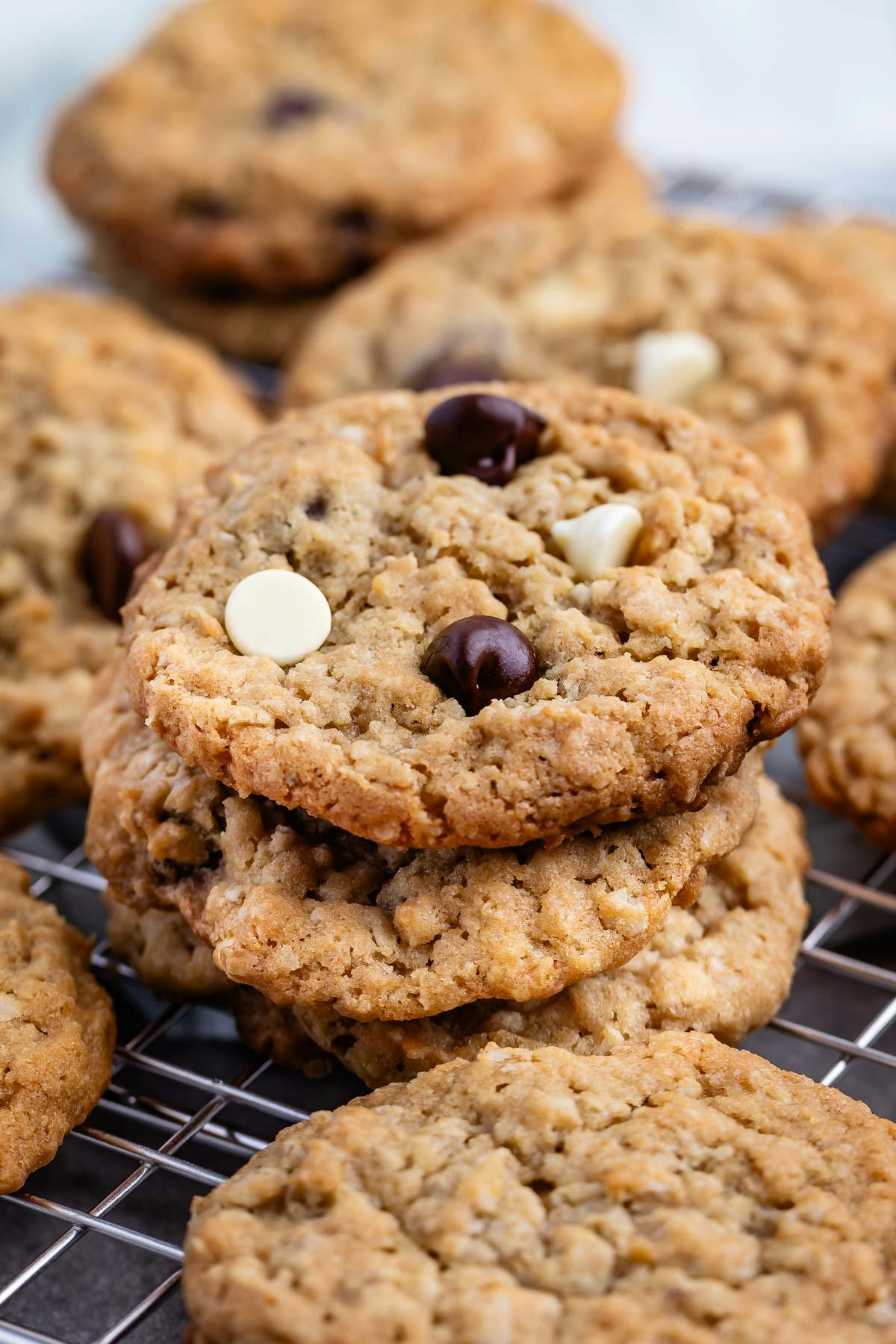 oatmeal cookies with regular and white chocolate chips baked in.