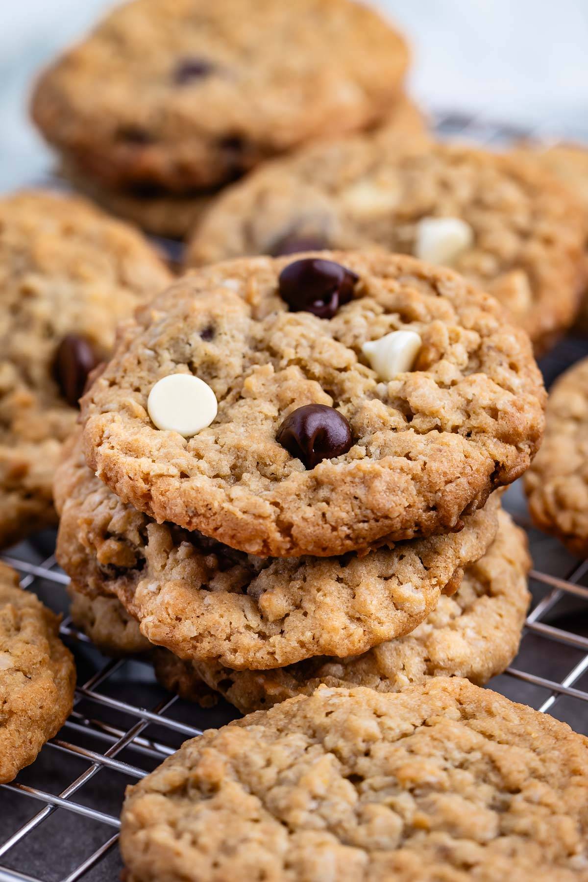 oatmeal cookies with regular and white chocolate chips baked in.