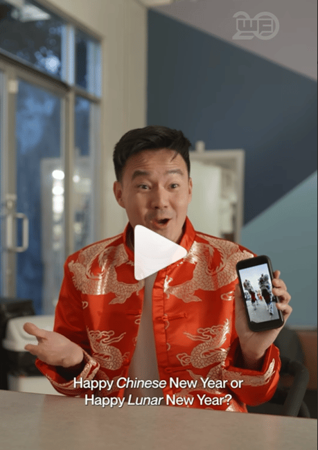 Instagram Reel screengrab of @wongfulphil dressed in a Chinese-style red silk jacket with gold dragons embroided, holding a cell phone. Subtitles read: "Happy Chinese New Year or Happy Lunar New Year?"