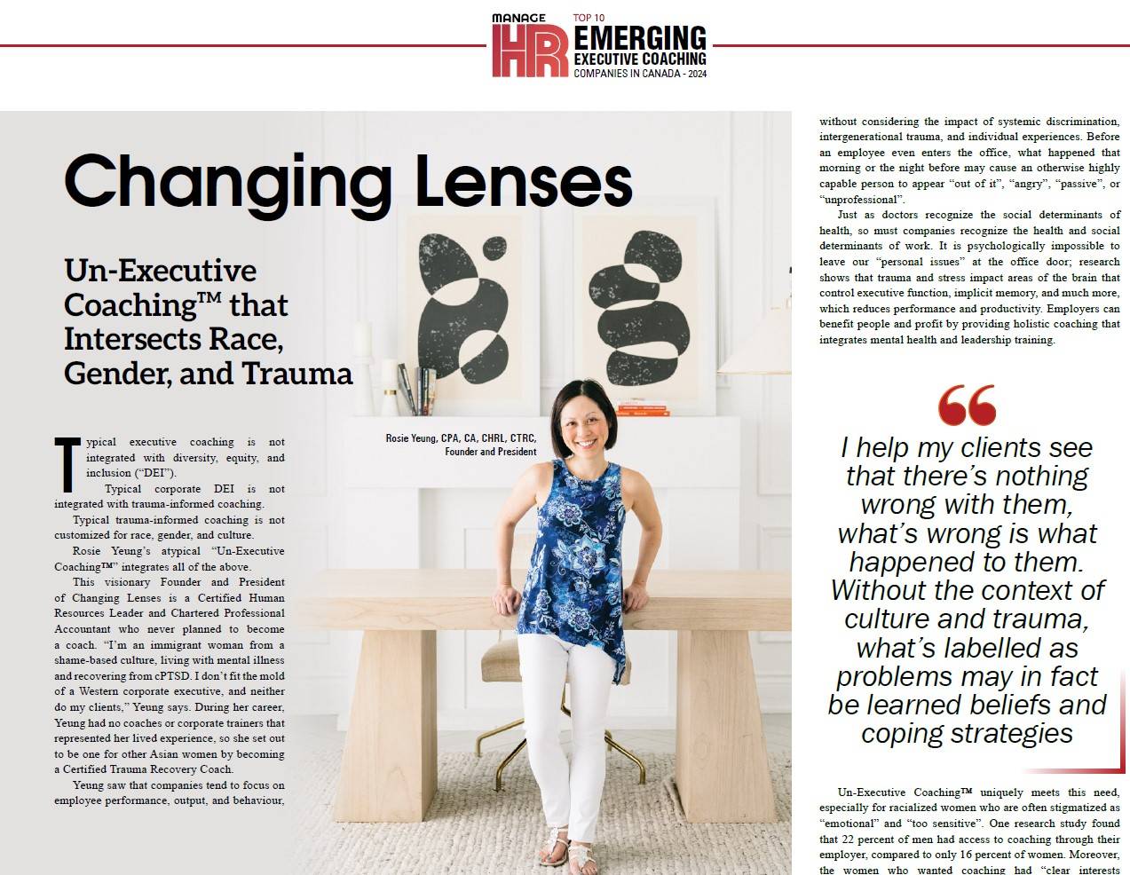 Screenshot of Manage HR Canada magazine article on Changing Lenses and Rosie Yeung’s Un-Executive Coaching™.