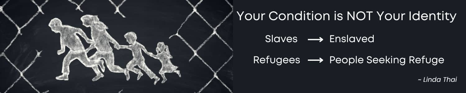 Your Condition is NOT your Identity - black banner with white text and white chalk drawing of family running away