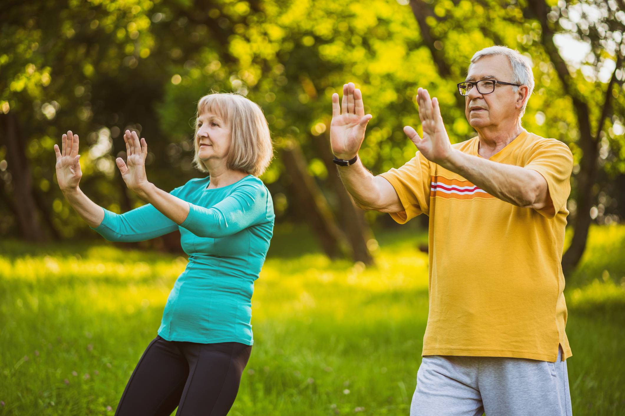Senior couple practicing tai-chi outdoor