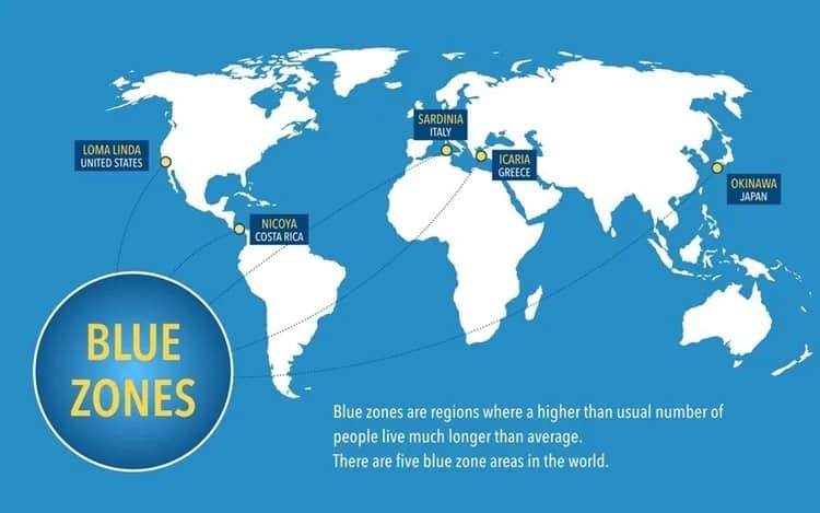 A world map depicting the 5 blue zones