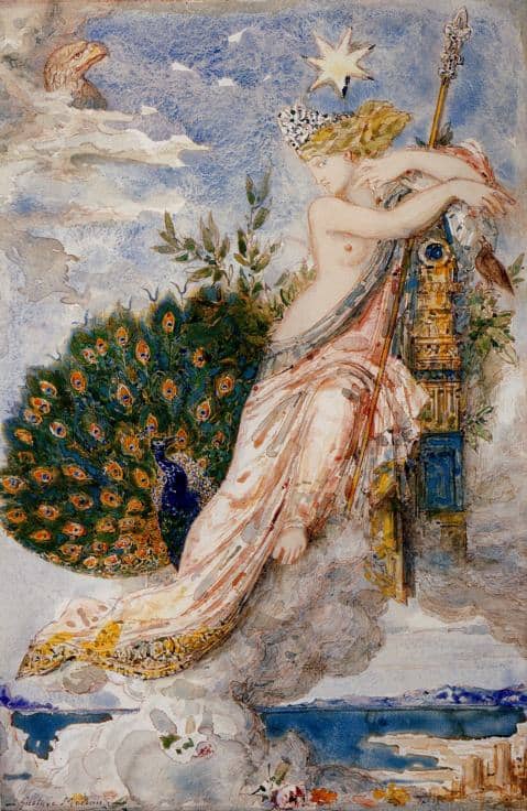 Gustave Moreau (1826–1898), The Peacock Complaining to Juno (1881), watercolour on paper, 31 × 21 cm, Musée National Gustave-Moreau, Paris. Wikimedia Common