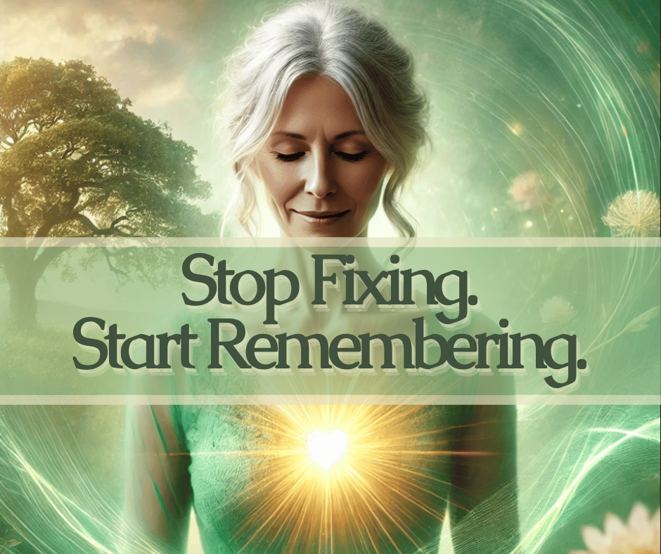 A serene older woman with silver hair stands peacefully with her eyes closed, surrounded by soft green and golden light. A radiant heart-shaped glow shines from her chest, symbolizing emotional and spiritual awakening. The background features a dreamy lan