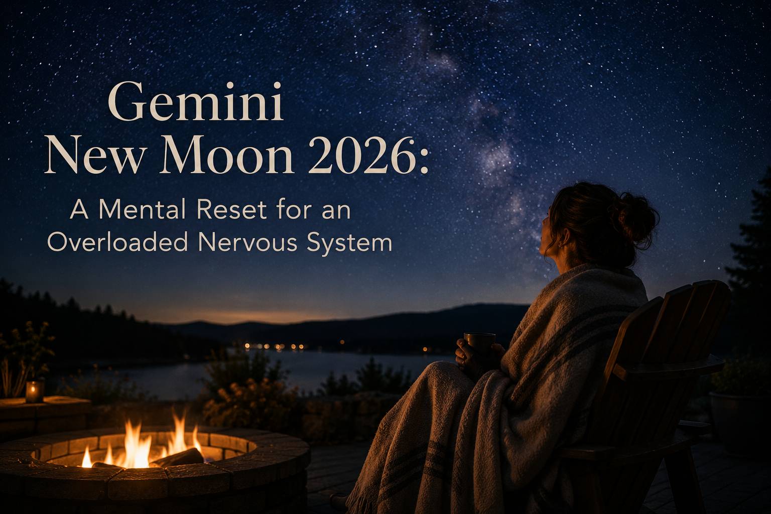 A woman, wrapped in a blanket beside a firepit, stares off at the wide open sky. You can clearly see the Milky Way. Text overlay says, "Gemini New Moon 2026: A Mental Reset 