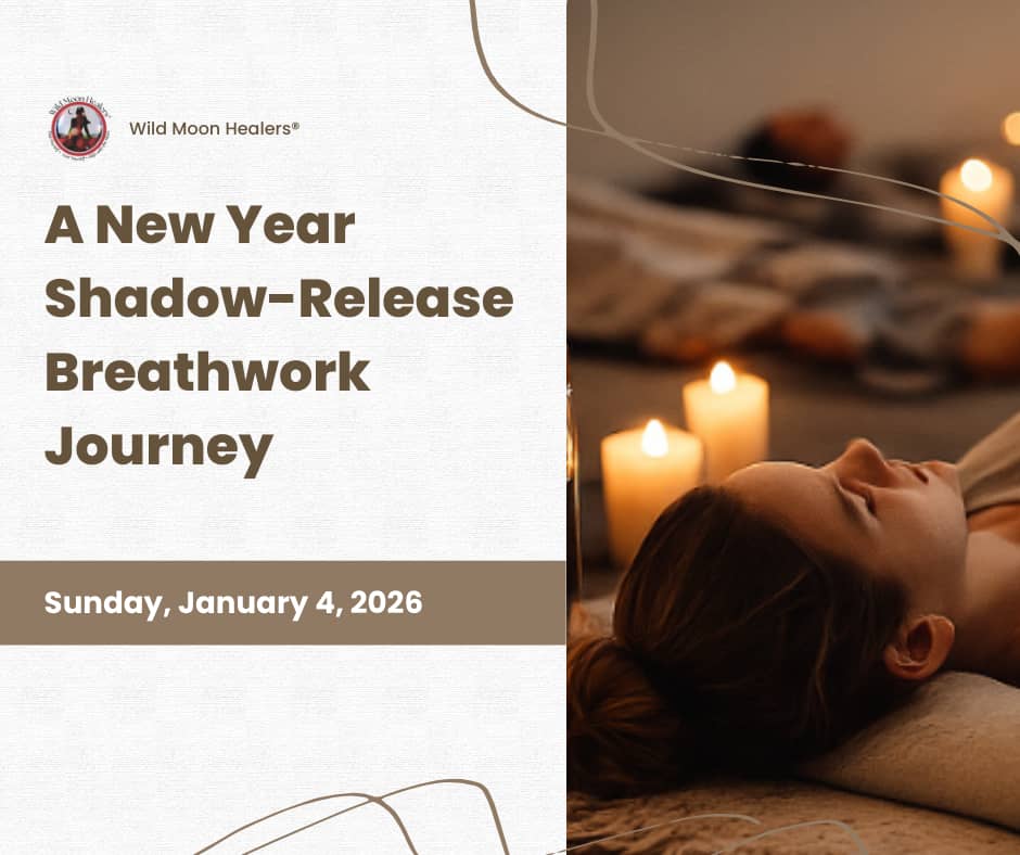 Cover image for Wild Moon Healers featuring text that reads “A New Year Shadow-Release Breathwork Journey” and “Sunday, January 4, 2026,” alongside a calm scene of a person lying down with eyes closed, candles glowing nearby, creating a peaceful, restorat