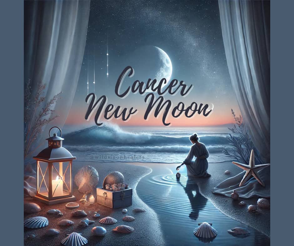 A serene, mystical beach scene under a crescent moon. A woman in a flowing dress kneels near the shoreline, gazing at the moonlit waves as her reflection shimmers in a small tide pool. Seashells, a lantern, and a treasure chest surround her, with curtains