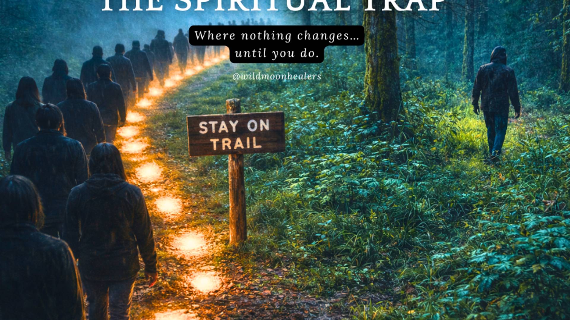 Symbolic forest scene showing a crowd following a glowing path while one person walks their own way, illustrating the concept of the spiritual trap and trusting your own inner guidance.