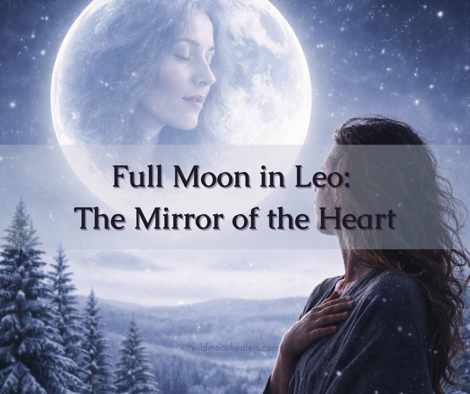 Woman standing in a snowy winter landscape gazing at a glowing full moon, her face reflected within the moon, symbolizing the Full Moon in Leo as a mirror of the heart.