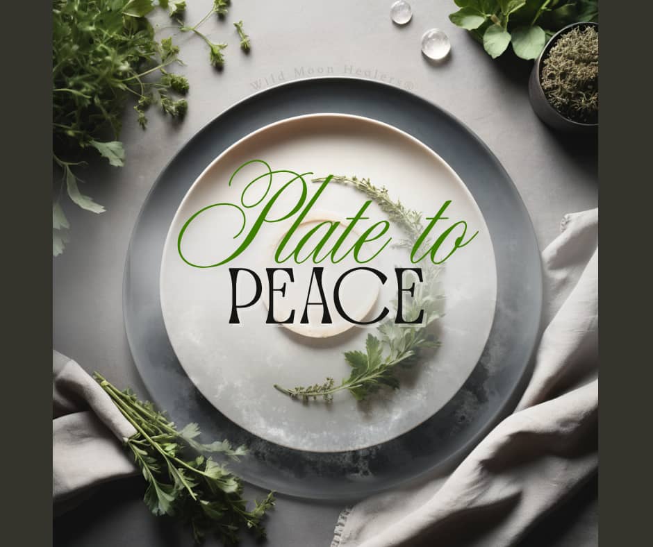 A serene flat-lay image of a plate surrounded by fresh green herbs, moss, and a light linen cloth. Centered on the plate, mist swirls softly around the words “Plate to Peace” in elegant green and black script. The design evokes calm, nourishment, and holi