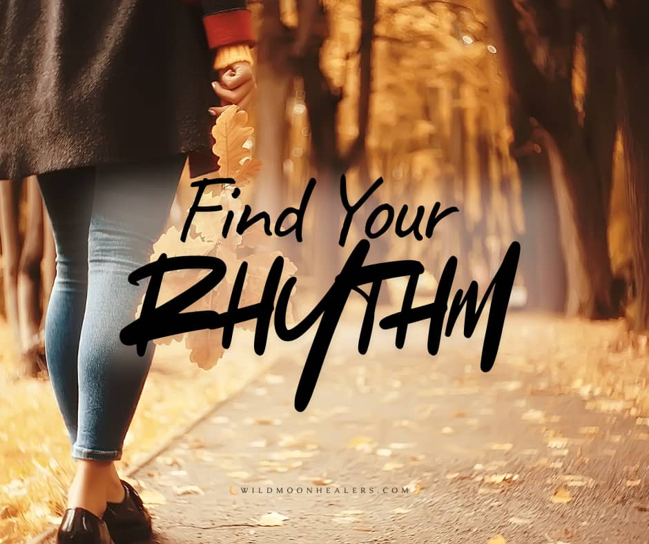 A person walks down a tree-lined path in autumn, surrounded by golden leaves scattered on the ground. They hold a few fallen leaves in one hand, symbolizing reflection and release. The words “Find Your Rhythm” are written in bold, flowing black script acr
