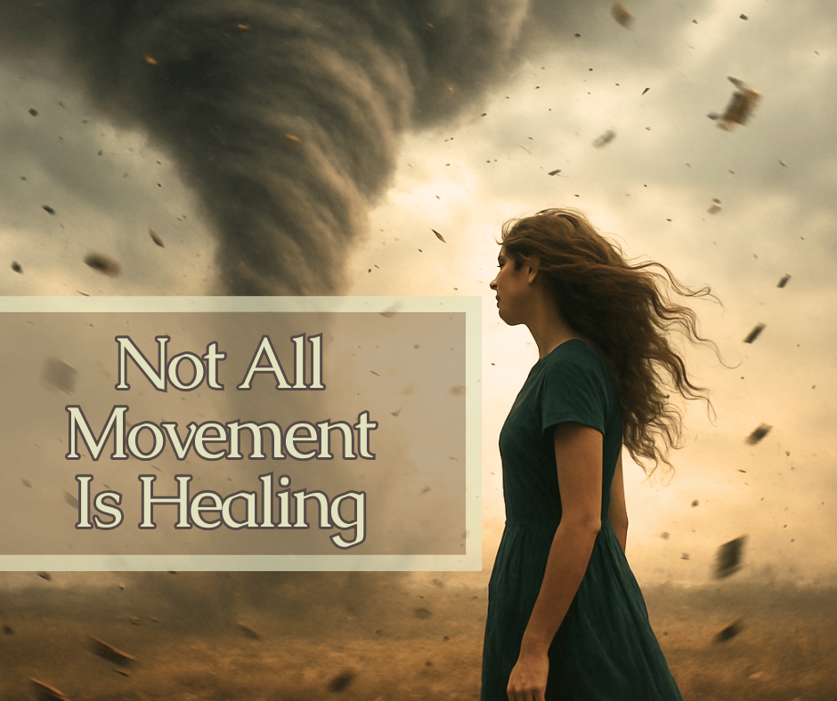 A woman in a dark green dress stands facing a tornado in the distance, her hair blowing in the wind as debris swirls around her. The sky is stormy and dramatic, capturing a sense of emotional chaos. A translucent box overlays the left side of the image wi