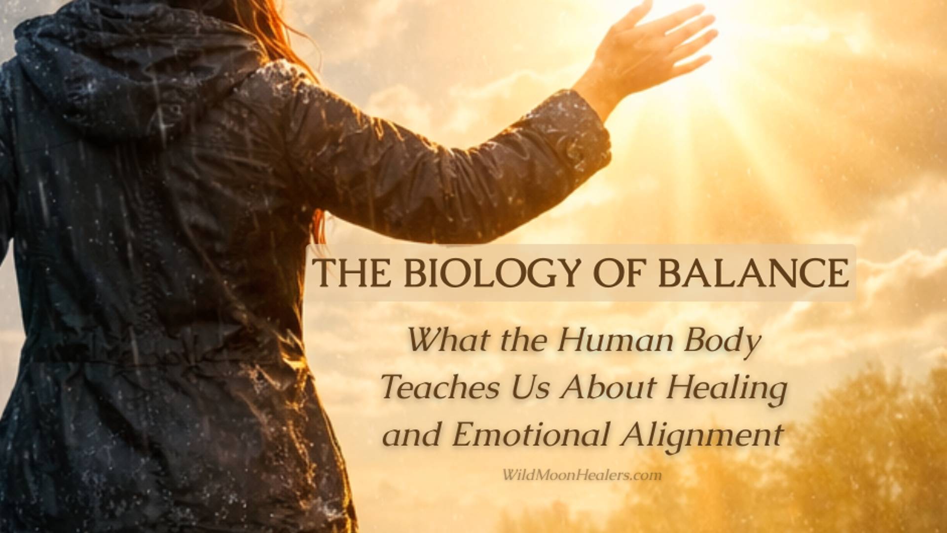 A woman walking out of the rain, toward the sun light. Hand in the air. It reads, "The Biology of Balance... What the human body teachs us about healing and emotional alignment."