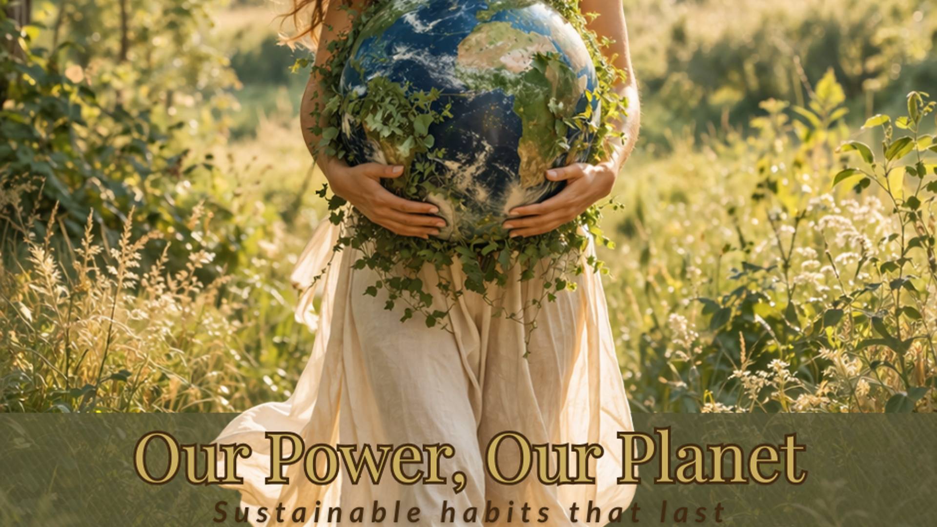 Woman in a meadow holding the Earth surrounded by greenery, representing sustainable living, personal power, and nature-based healing, with text reading “Our Power, Our Planet: Sustainable Habits That Last.”