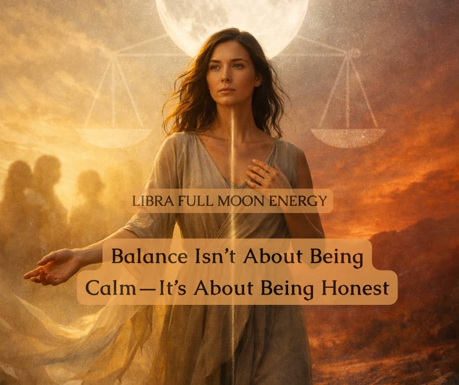Woman illuminated by a full moon with Libra scales behind her, symbolizing emotional balance, self-awareness, and honesty during the Libra full moon energy