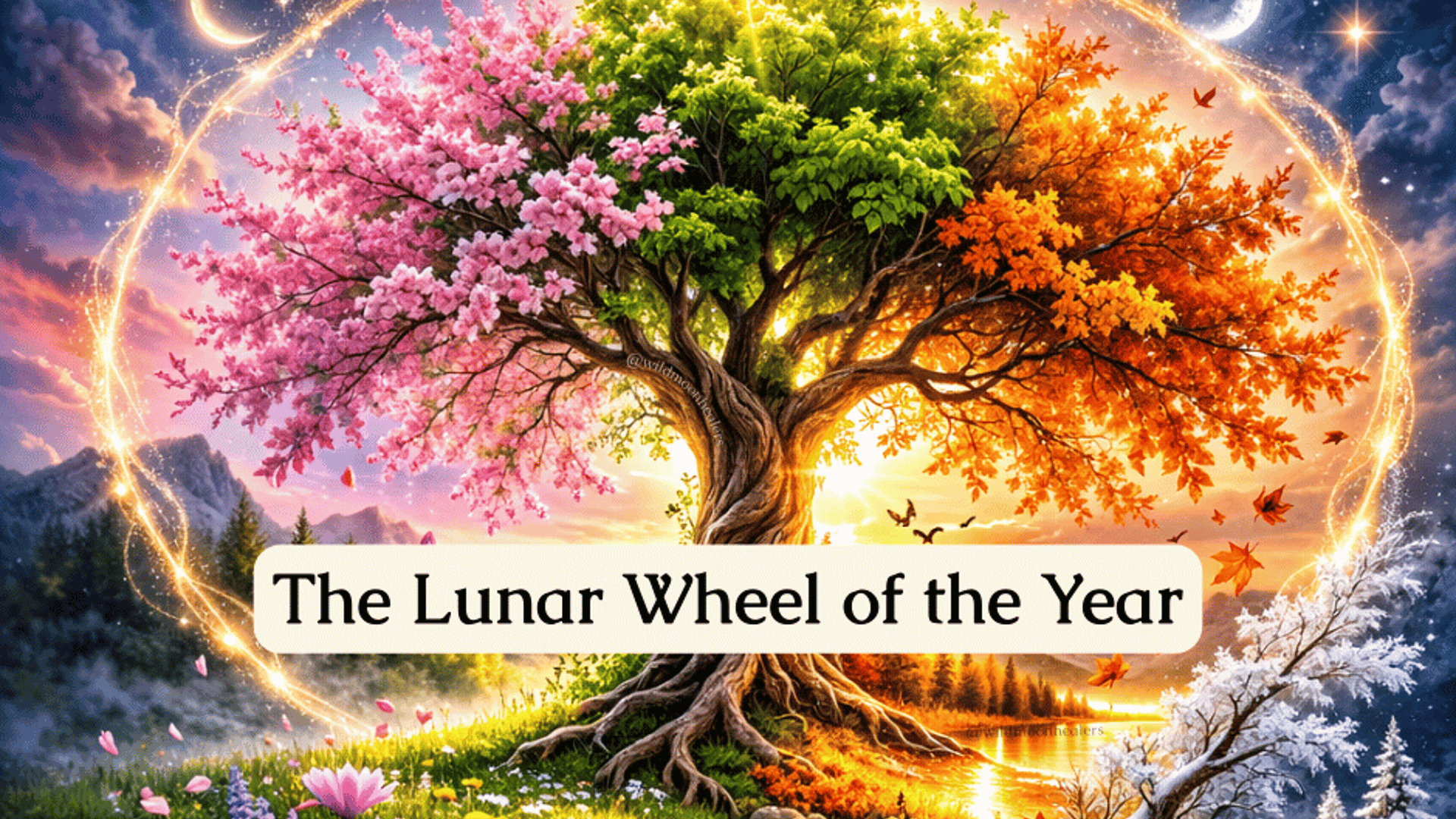 A vibrant tree of life that expresses each season. It starts with pink leaves, transitions into green and orange before turning white with snow. Near the bottom, the title "The Lunar Wheel of the Year"