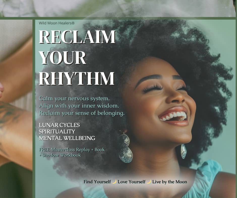 A serene digital graphic for Reclaim Your Rhythm by Wild Moon Healers®. The image features a joyful woman with natural curls and radiant energy, smiling with her eyes closed in peaceful contentment. The text overlay reads: “Reclaim Your Rhythm — Calm your