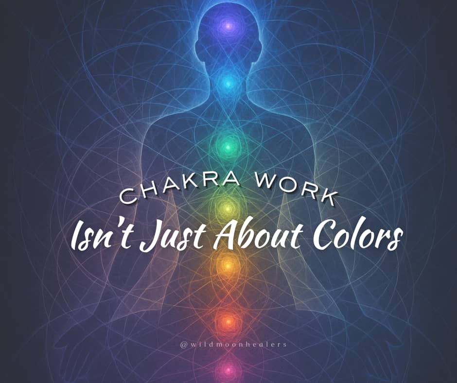 An abstract image of a human silhouette with glowing chakra points aligned from root to crown in vibrant colors. Delicate energy lines and sacred geometry form a web across the dark blue background, suggesting flow and connection. Overlay text reads: “Cha