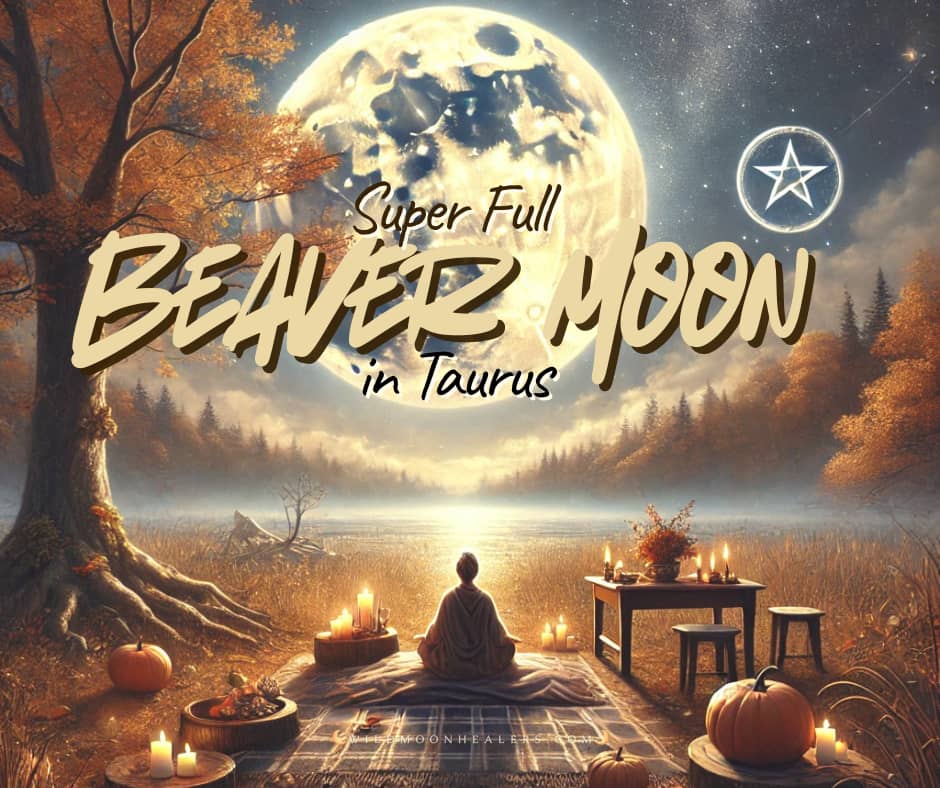 A person sits cross-legged beside a lake under a massive glowing full moon. Candles, pumpkins, and autumn leaves surround a cozy outdoor altar. The warm light reflects on the calm water, evoking grounding and peace.