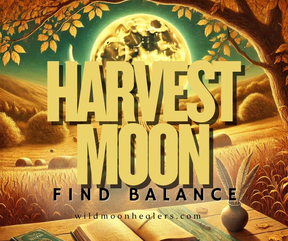 A warm golden illustration of a harvest field under a glowing full moon. A tree with autumn leaves frames the scene, and hay bales rest across the rolling hills. In the foreground, an open journal, a green book, and a vase with feathers sit on a wooden ta