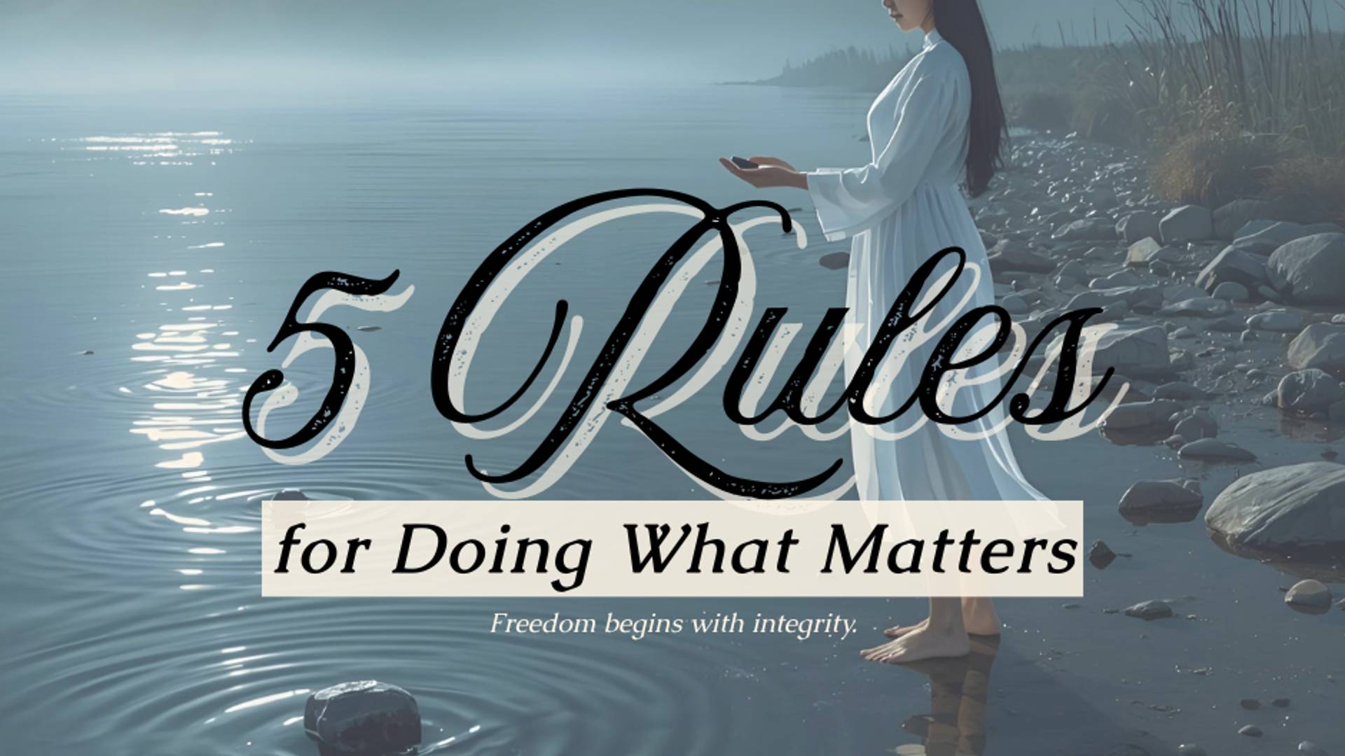A woman in a white dress stands barefoot at the edge of a calm shoreline under moonlight. She gazes down at the water as a small ripple forms around a stone in the shallows. The scene is peaceful with soft blue tones and a serene atmosphere. Text over the image reads: “5 Rules for Doing What Matters” with a subtitle “Freedom begins with integrity.” The style evokes mindfulness, reflection, and intentional living.