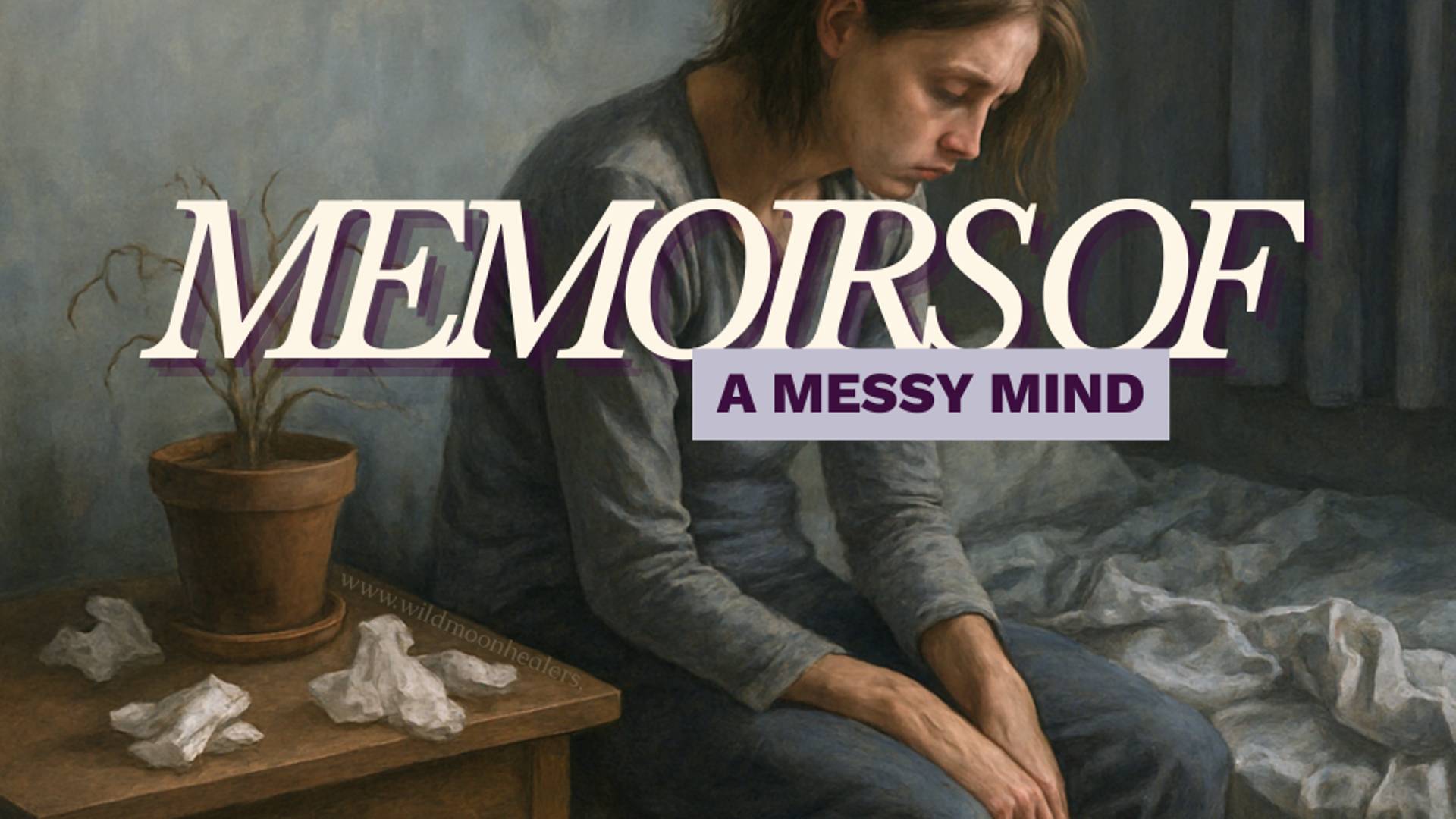 A person with a tired expression sits slouched on the edge of a bed in a dim, muted room. Their posture and facial expression suggest emotional exhaustion or sadness. Crumpled tissues are scattered on a small bedside table and floor, next to a plant that appears dry and withering. The text “MEMOIRS OF A MESSY MIND” is overlaid across the image, with the subtitle “A Messy Mind” highlighted beneath it. The mood is somber and reflective.