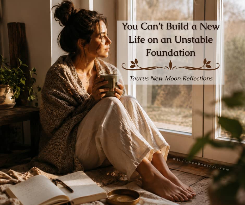 Warm, earthy image of a woman wrapped in a cozy oversized sweater sitting beside a sunlit window holding a mug. A journal and tea sit nearby, creating a calm reflective atmosphere. Text overlay reads: “You Can’t Build a New Life on an Unstable Foundation 