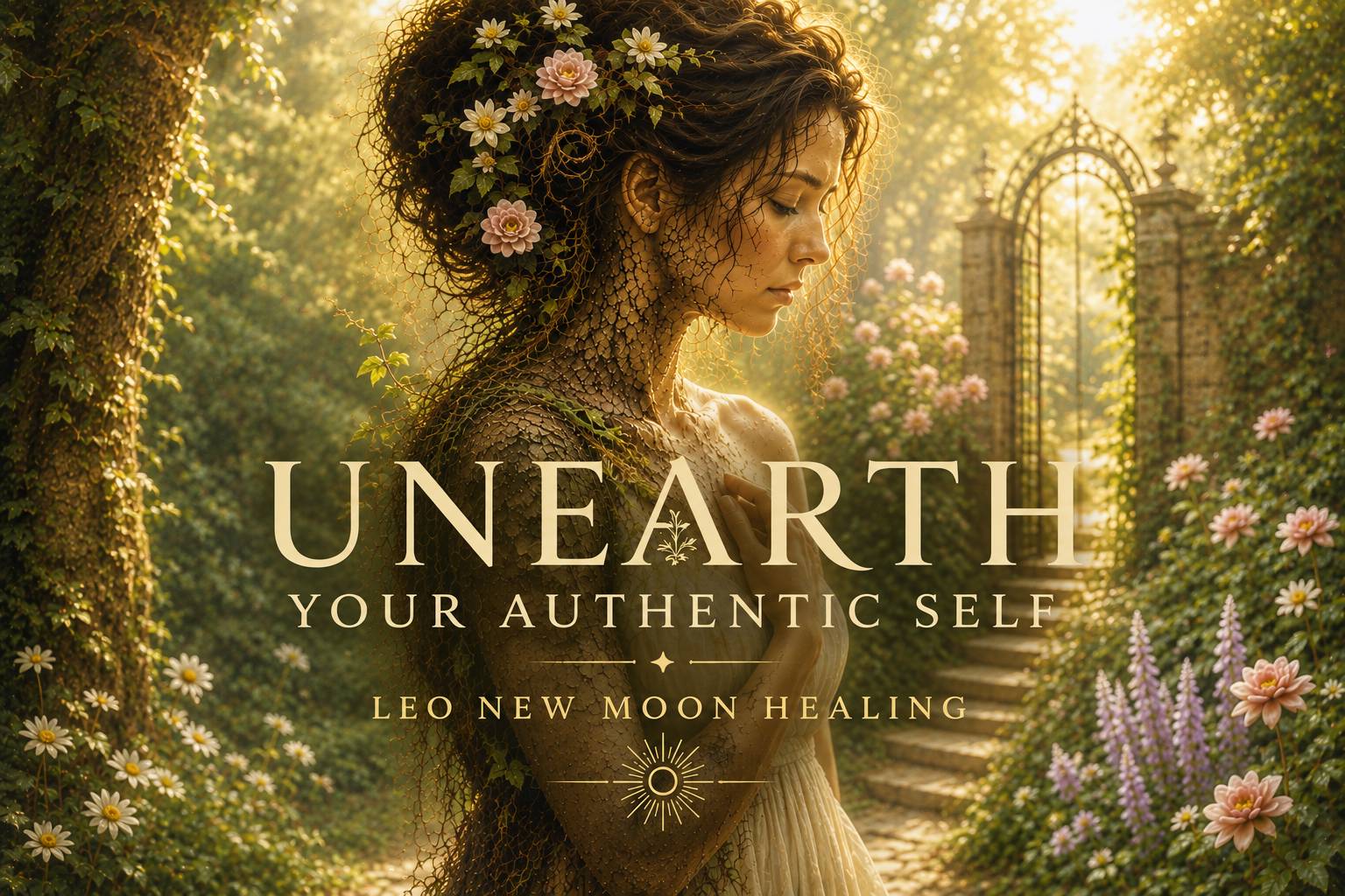 A woman partially covered in earth, roots, and flowers stands in a sunlit garden, symbolizing the authentic self being uncovered through healing. Text reads, “Unearth Your Authentic Self — Leo New Moon Healing.”