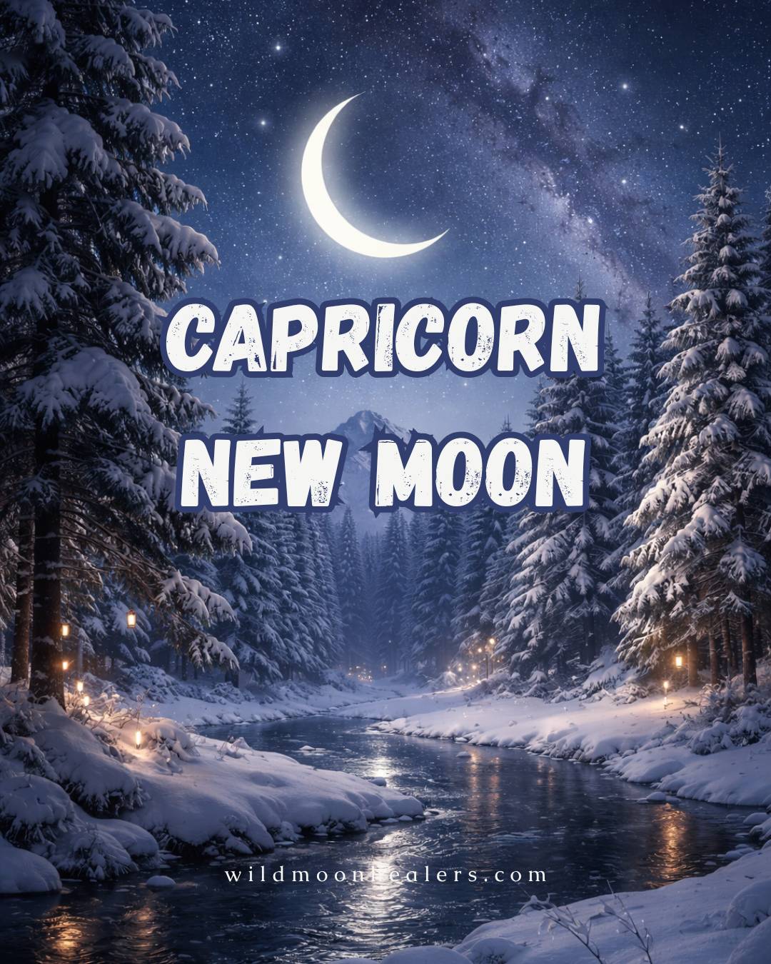 Capricorn New Moon over a winter forest and river beneath a star-filled night sky, symbolizing stillness, reflection, and building lasting foundations.