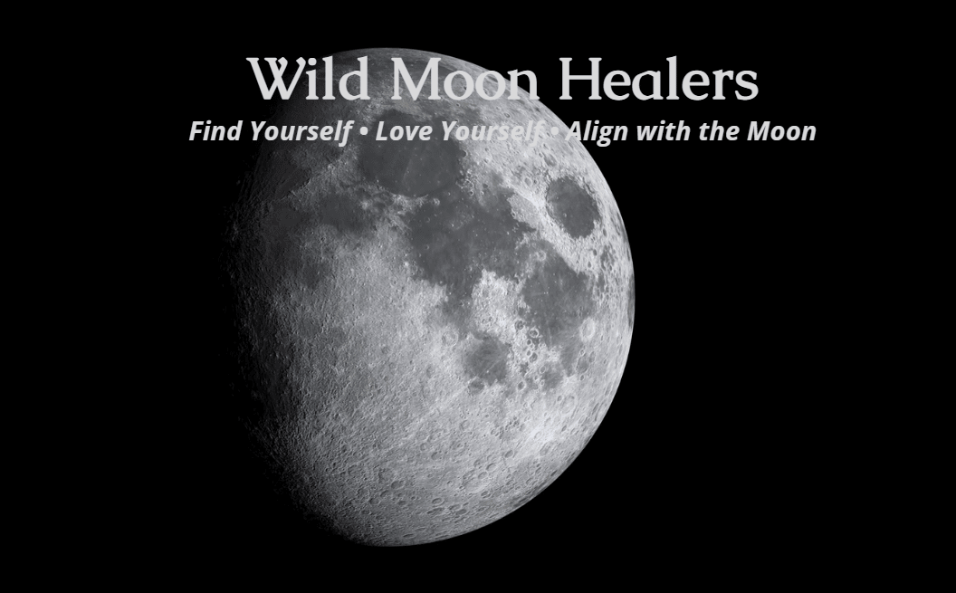 Image of the moon in its first quarter phase against a black sky. At the top, white text reads: “Wild Moon Healers.” Below, in italic text: “Find Yourself • Love Yourself • Align with the Moon.”