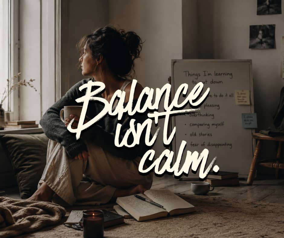 A woman sits quietly on the floor beside a window holding a mug, staring outside in deep reflection. A journal and candle rest nearby, while a whiteboard in the background lists things she is learning to let go of, including overthinking, people pleasing,