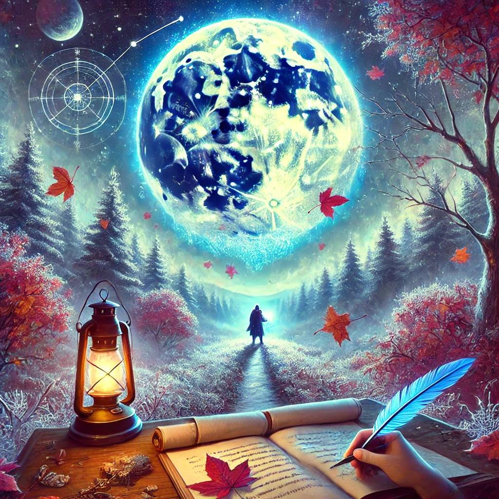 A large glowing moon illuminates a snowy forest path. A person walks toward the moon while red leaves drift through the air. In the foreground, a lantern glows beside an open journal and a hand writing with a blue feather quill. The scene blends winter to