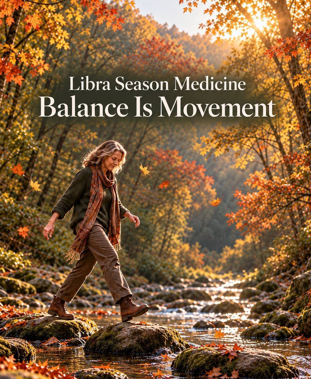 A woman carefully crosses stepping stones in a sunlit autumn stream beneath the title “Libra Season Medicine: Balance Is Movement.”