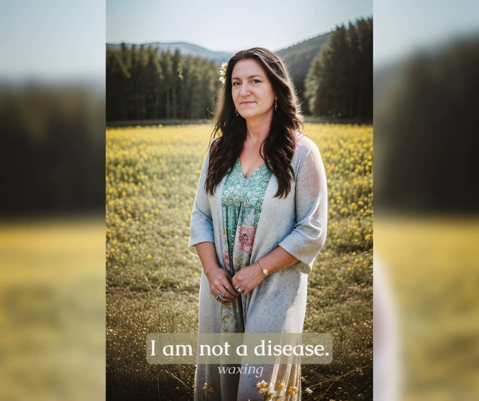 A woman with long dark hair stands calmly in a sunlit field of yellow wildflowers with mountains and evergreen trees in the background. She looks steady and reflective, hands gently clasped in front of her. Soft golden light surrounds her. Overlaid text r