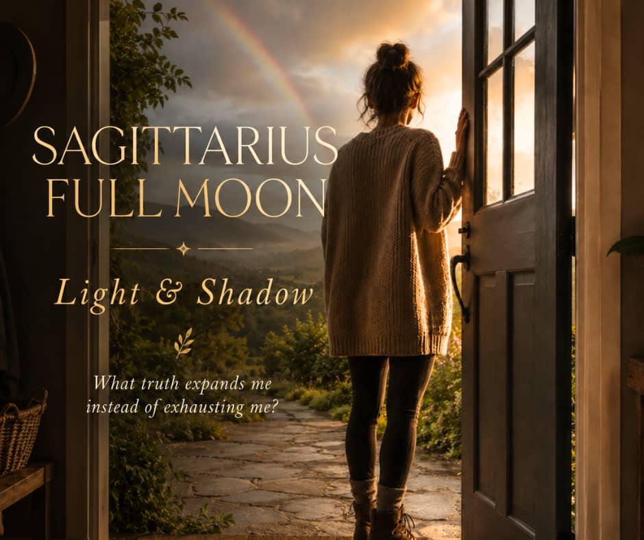 A woman in an oversized knit sweater stands in the doorway of a cozy home at golden hour, looking out over a winding garden path and rolling hills beneath a glowing sky. A faint rainbow stretches across the horizon. Text on the image reads: “Sagittarius F
